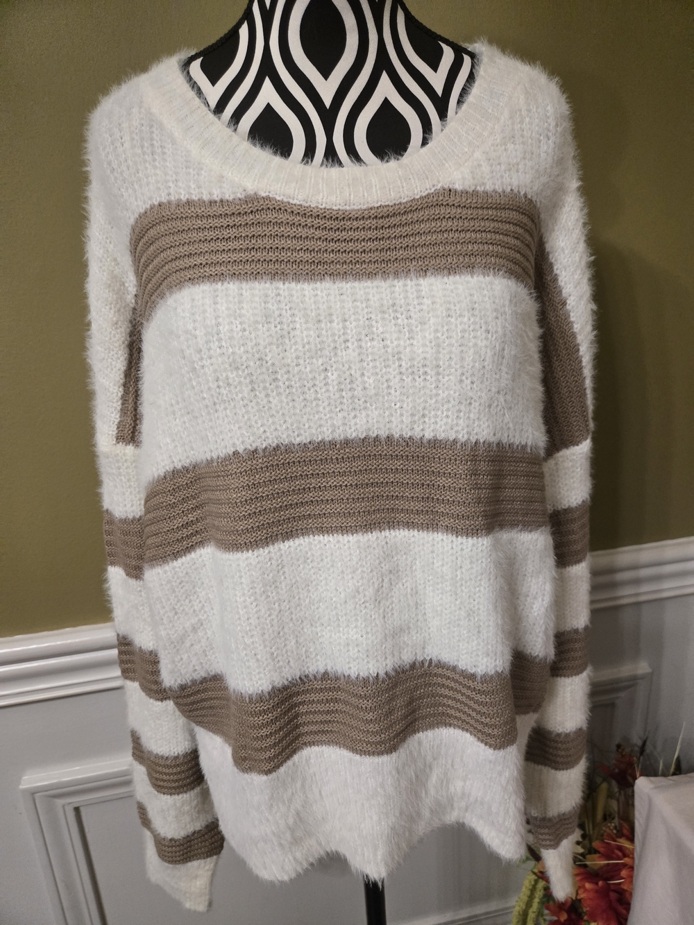 NWT Woman's Cozy Striped Crewneck Sweater - White and Taupe Medium